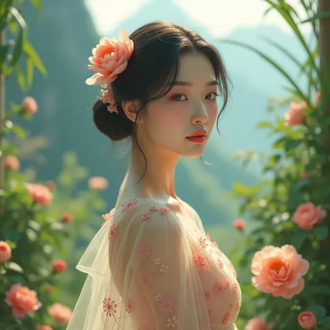 In a lush indoor garden、A Japanese woman is wearing a floral sheer top、 with breasts and soft flowers in the background in lush green mountains、 creates harmony between nature and beauty。