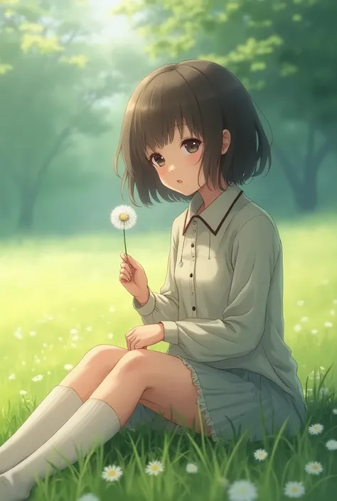 a girl sitting in a field holding a dandelion, anime beautiful peace scene, anime atmospheric, beautiful anime art, beautiful anime artwork, beautiful anime art style, anime. soft lighting, beautiful anime portrait, realistic anime style at pixiv, anime pi...