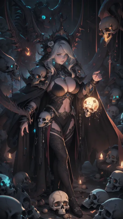 Big breasted girl,  Dark Rune Skeleton Rich , Black Gold Skeleton, Magical Void Energy , Sparkling Eyes, Death Lightning,  Death Energy Ball Floating Above Your Hand ,  cast magic , Energy Cracking, Bony Hand,  wear a luxurious cape ,  Skulls of Star Spiri...