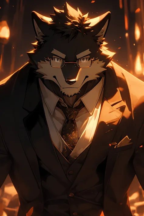 1man, Solo, Best Quality, 8k, From Side, Anime, Male Gender, A Orange Fox , Black Solid Glasses And A Black Suit With Black tie , Looking at the viewer, Smirking