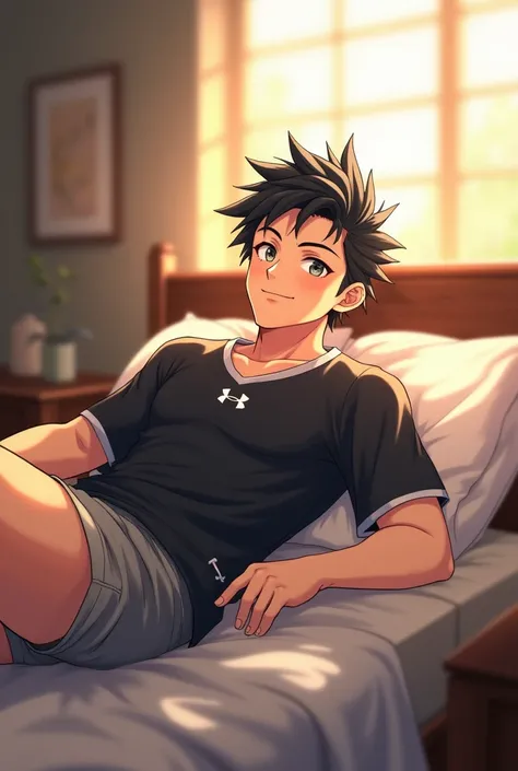 Pretty guy, black wolf cut hairstyle, wearing a black jersey, gray shorts, silvery-grey eyes, honey-toned skin color, soft lighting, window with sunlight, cozy room, relaxed on the bed with a cheeky grin, anime style, intricate details, warm colors