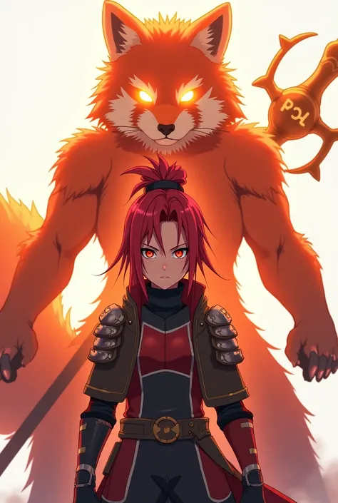 Create A female character named Akari, the Spirit of the Red Panda, in the anime Naruto Shippuden-style. She wears light armor in shades of black and red, decorated with patterns resembling red panda fur. Her eyes are intense, glowing with a reddish-orange...