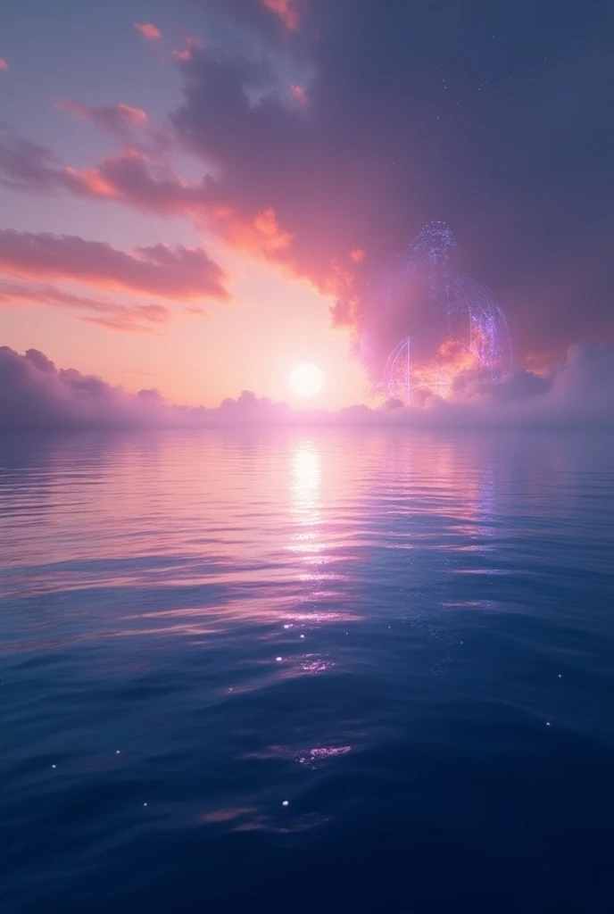 A breathtaking seascape blending reality and fantasy, where the horizon seems to stretch into infinity. The calm, glass-like ocean reflects the sky, which transitions from a vivid sunset with fiery orange and pink tones to a twilight gradient of deep purpl...