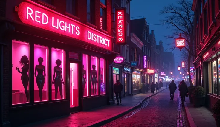 "A vibrant and colorful nighttime view of Amsterdams Red Light District, featuring neon signs with silhouettes of women, glass-fronted rooms with women illuminated in pink and purple lighting, and a bustling street with people walking by. The scene has a m...