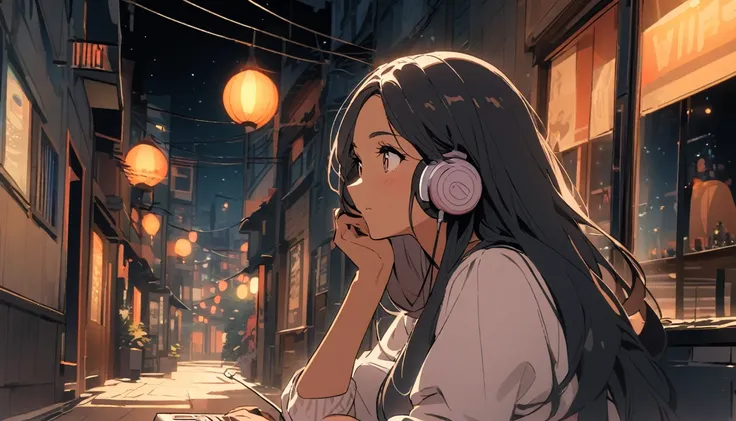  Indian woman with long hair admiring the night view,Streetscape、Indian woman with long hair listening to music on the radio 