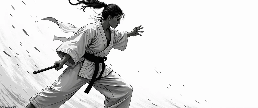  An HQ illustration in black and White of a Jiu-Jitsu fighter in a combat position. the fighter, dressed in kimono ,  is standing or in a dynamic combat posture ,  with knees slightly flexed ,  the arms prepared to grab and defend .  Her expression is focu...