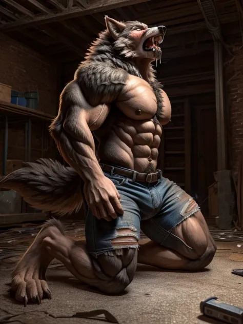 ((      is the best quality)), (( masterpiece )), ((4K)) (((    alone))), Werewolf，Gray Wolf,    perfect face   ，(((pain, facial pain， Drastic changes   ，Focused expression)))，   alone，Masculine charm   ，Endocrine   ，   Delicate eyes   ，   palms into claws...