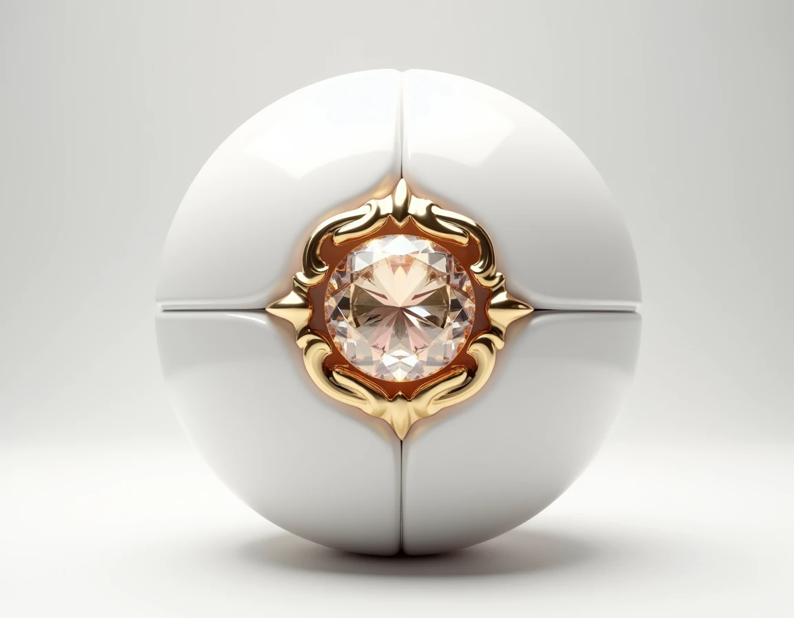 "Create a conceptual logo image in the form of a giant white sphere, with an elegant and sophisticated finish. In the center of the sphere, insert a high-shine gemstone, with delicately carved gold details around it. The stone should be the focal point, em...