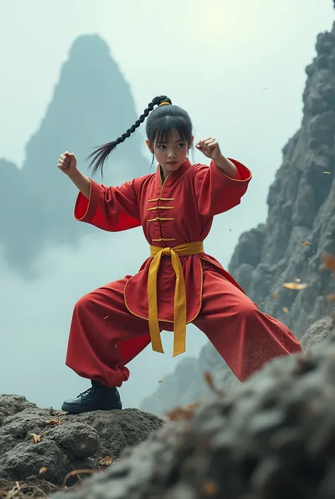  1 girl,  (((light brown hair、fish-bone braid hair)))、(((Red Chinese uniform、Yellow belt on the waist、Black kung fu shoes )))、((( punch huge rocks２Break it into pieces )))、(((Mountain top、fog)))