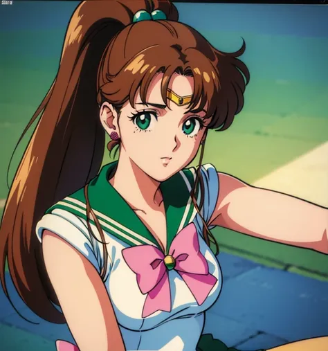  ( best quality, 4K, 8k,  high definition , masterpiece:1.2), Super detailed, (Realistic, photoRealistic, photo-Realistic:1.37) , 1990s ( style ), retro art style , 1990s anime cels  style ,  Sailor Jupiter,  sailor warrior uniform that wears elbows,  medi...