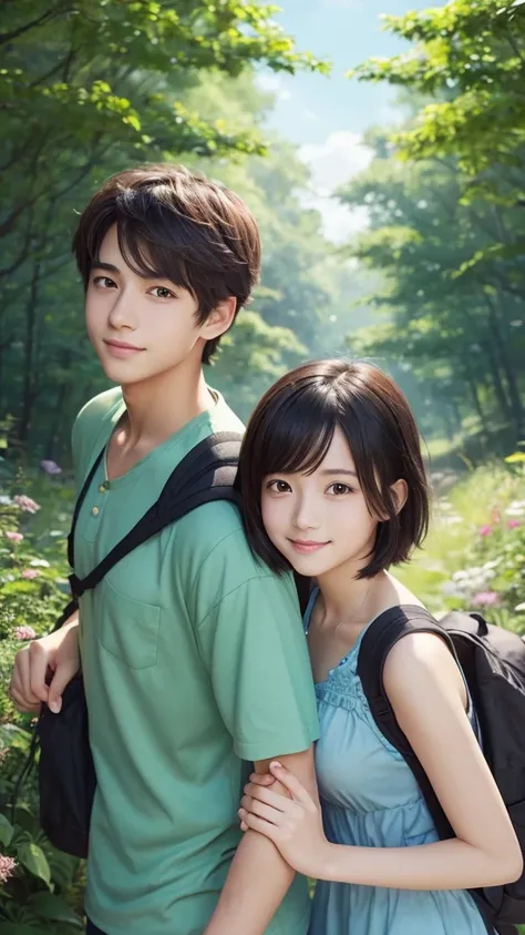 A beautiful anime-style illustration featuring a teenage boy and girl holding hands in a romantic forest setting. The boy has short black hair and wears a casual blue shirt with a backpack, while the girl has short brown hair and is wearing a charming summ...