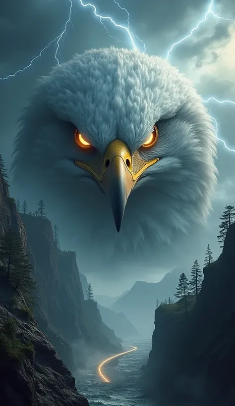 2nd Image (Eagle Storm Spirit)
"A dramatic and surreal depiction of a colossal eagles face emerging from a swirling storm cloud. The eagles sharp, piercing golden eyes glow intensely, its beak appearing as if carved from a thunderstorm, with jagged, lightn...