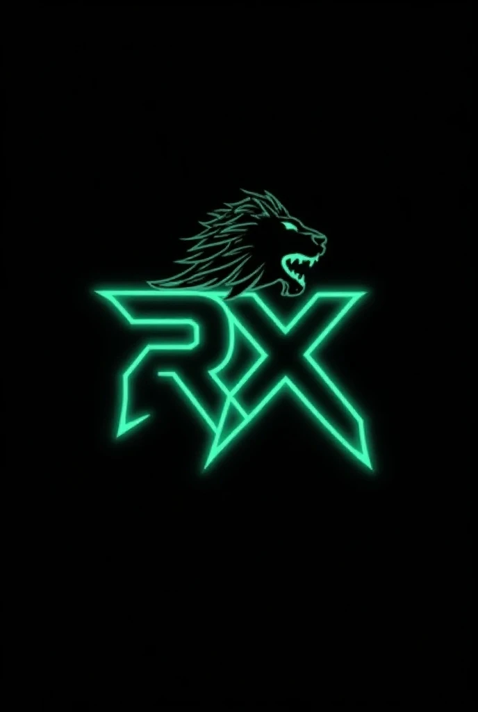 A logo for a game that bears the initials RX that I have a black background and the letters are bright black and with neon green edges and that a lions head is behind the letters 
