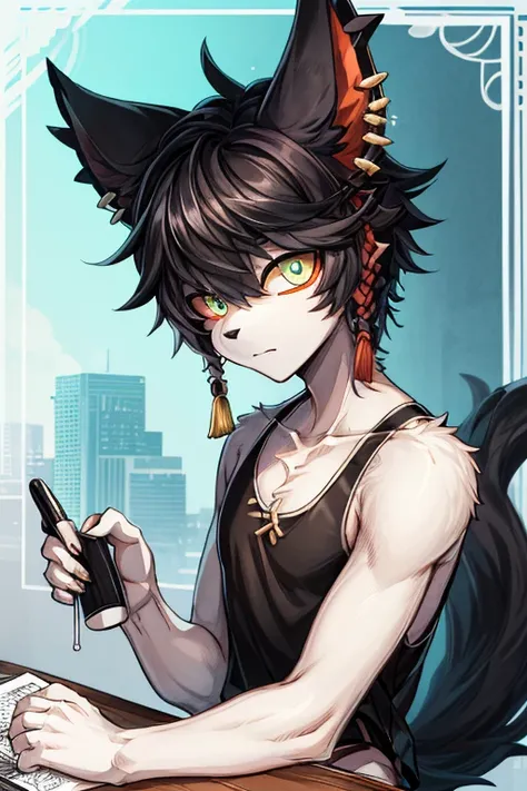 Aak (arknights),, domestic cat , feline, ,  mammal ,  anthropomorphic , black nose ,  ear piercing, nail, hair, decorations, looking down, a male, a male  anthropomorphic , разноцветный tail,  piercing,  red inner ear, красный tail, solo, tail,   anthropom...