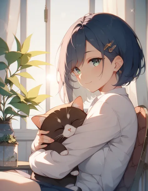 ( animated)、( masterpiece:1.2), atmospheric perspective ,lens flare、 Girl hugging a cat 、beautiful、iris、Drooping eyes、 Hair Clip、 sitting on a chair、 Sunlight envelops the girl,  creating a light effect .。
Preparer  
