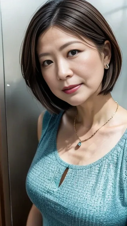 ( best quality, 8k, 32K, masterpiece,  ultra high resolution:1.2),美しい女性のSelfie写真, 45 year old housewife,  very short bob hair, upper body, face focus , blouse,  long skirt,  emphasizes cleavage,  Necklaces ,  simple background, viewers,(Selfie), ((Selfie))...