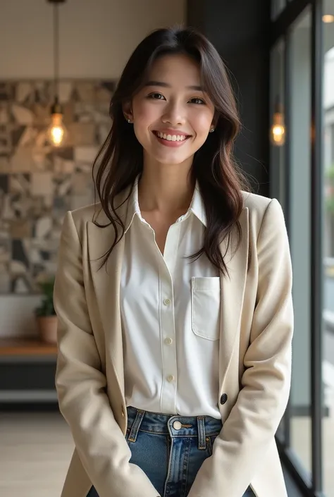 Help create a Thai-Korean halfball female presenter, dressed in fashion, beautiful eyes and a cute smile, wearing casual outfits in a granite tile shop.