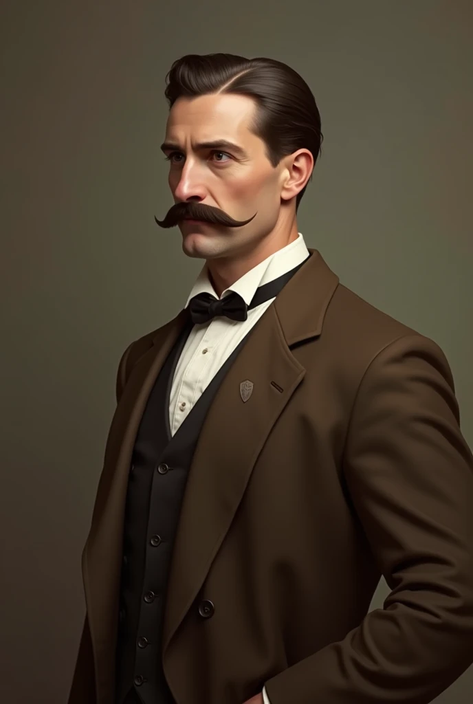 Create a Portrait of a Man from the 1910s Wearing a Brown Suit, a bow tie looking to the right  