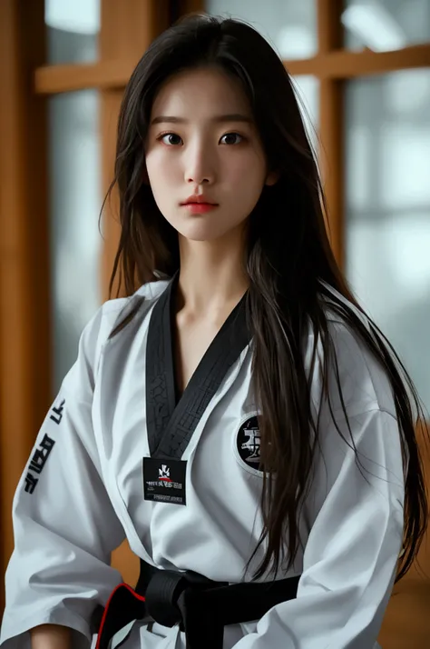 masterpiece,   ultra high definition ,  High quality,  realistic,Like the photo,High quality , 1 korean taekwondo girl, masterpiece,   ultra high definition ,  High quality,   Long black straight hair  ,   white World Taekwondo Federation uniform with a bl...