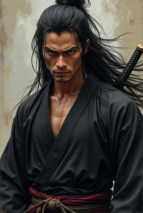  Long hair , samurai,  katana , guy in kimono ,  amber eyes,  hair collected in a hyost, man, strong body, angry , Japanese,  Asian appearance,  wears a katana out of the chest, black silk kimono , til realism 