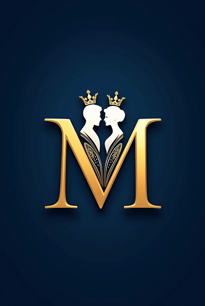 Create a luxurious, premium logo in the shape of the letter M for a marriage concept. The M should be formed by the silhouettes of an elegant prince and princess, adorned in intricate royal attire with subtle details like flowing capes and crowns. Incorpor...