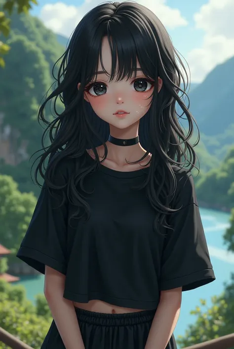 A  female anime character long curly wavy black eyes half speckled white skin small mouth without lipstick large black shirt short sleeve large GG shirt black sweatpants black sneakers looking forward pose for a photo with scenery 