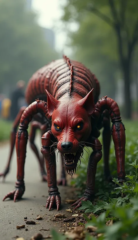 Top view, a disgusting mutant creature in the form of a centipede with the head of a red dog demon, a slippery slimy face, a millipede caterpillar, creeping along the edge of the city park during the day