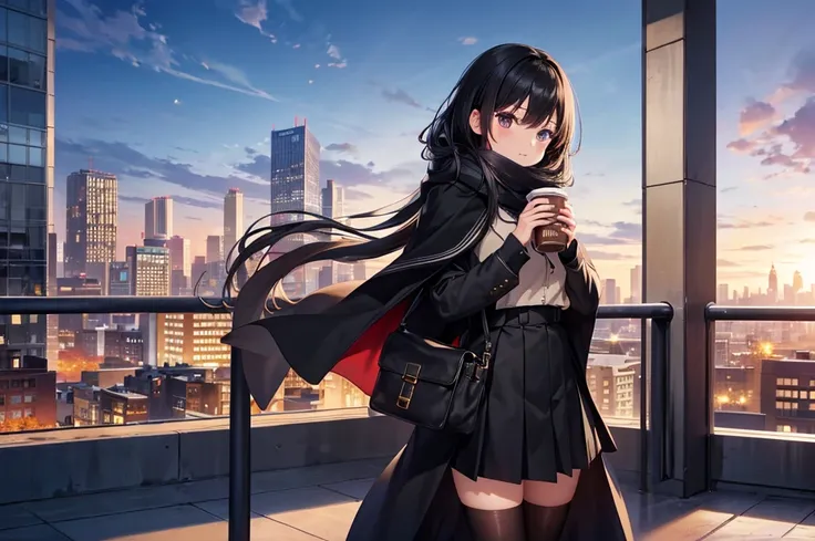 High image quality, high resolution, smooth gradation, vivid colors a scarf, a black cloak, Canned coffee in hand, a black student uniform, black stockings, black lace-up shoes, school bag, black hair, a high school girl, stand and posing, An observation d...