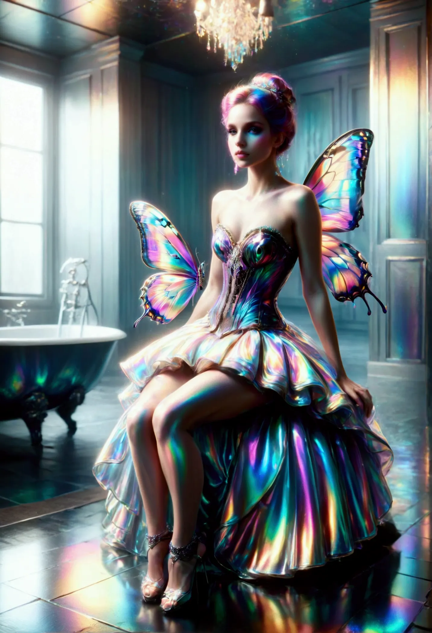 a dark fairy with delicate, porcelain-like skin and bold, expressive features sits poised on a checkered white and black stool, ...