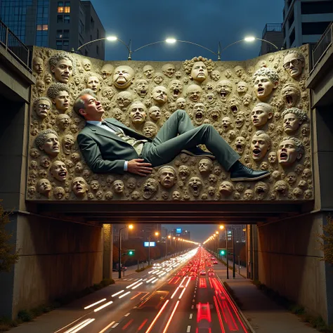 Massive, detailed sculptural mural adorning an urban overpass.  Central figure, reclining man in suit, layered with intricate carvings of numerous figures, faces, and elements.  Detailed faces, expressions, and body language on the reclining figure and sur...