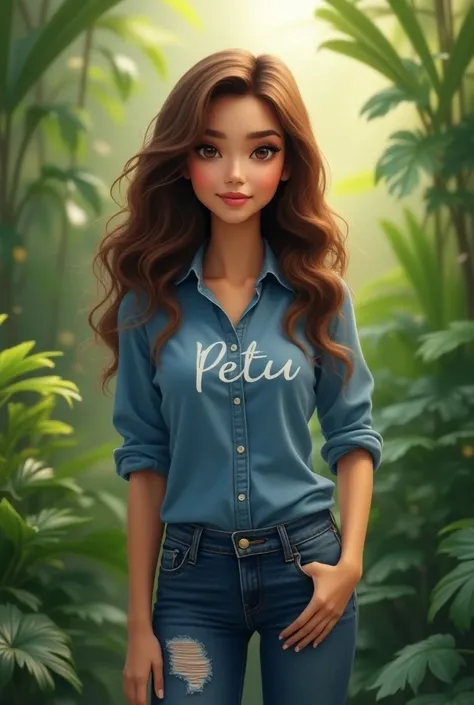 Please create a beautiful image of beautiful girl.she wear a beautiful jeans and shirt and good looking shoes 👟.Her name is "petu" write on front of her shirt.and she is standing on the greenery area.