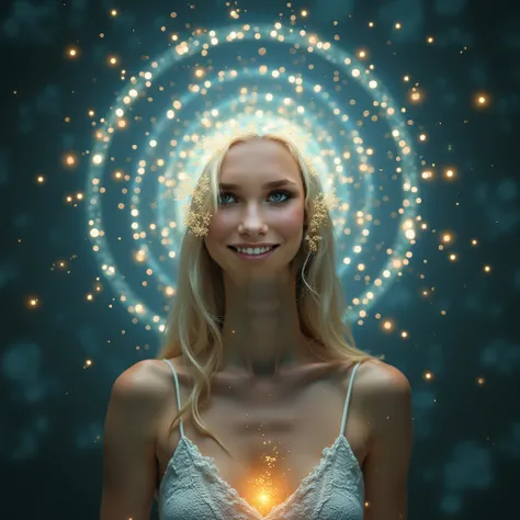 the matrix of consciousness rotates as a luminous light around the head and body of a beautiful blonde woman meditating. High-resolution photography, detailed skin texture. shot with a hasselblad, detailed textures, medium format camera, 4k, Hasselblad H6D...