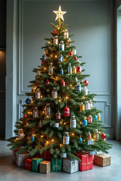 Backdrop of the Christmas tree with recycled materials like chemical bottles used in the lab and packets from the capsules of food supplement