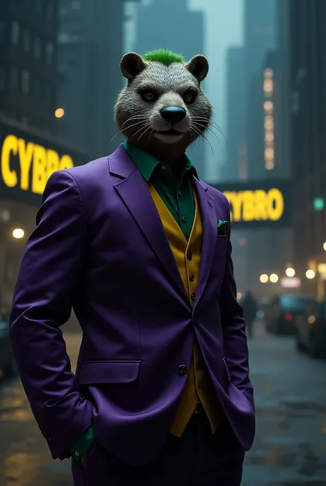  I want to make an athletic man disguised as a joker with Beaver Head but painted like the Joker Heat Ledger, in a city at night, CYBRO should be read in yellow letters in a building  