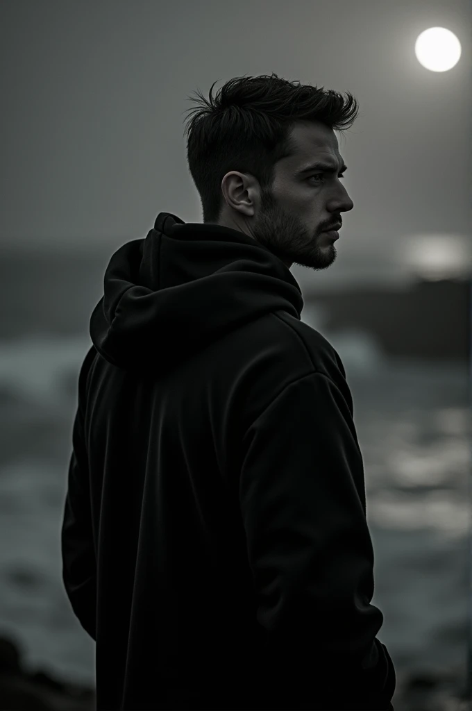 (handsome man),[film noir], [black oversize hoodie], [black and white photo], [vintage], [Looking at the sea],[chiaroscuro lighting], [thriller], (At night),[detailed],[perfect human anatomy],[professional photography],[posing],[cinematic],[40s],[very old ...