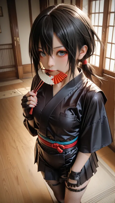 Highest quality Unity 8k, break kunoichiNinja,Ninja, 1 girl,Alone, black hair  , eyeshadow,breast,Small breasts,Tan Skin、 break ベアショルダー,mask,Cover your mouth,Ninja mask ,Black kimono,Black kimono, Black Short Kimono,肘Gloves,指なしGloves,Gloves,Food,skirt, fis...