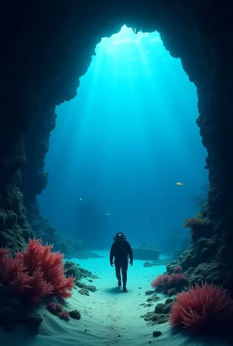  The entrance to an underwater cave opens like a mysterious portal deep in the ocean,  framed by reddish corals they stand out vibrant against the intense blue that dominates the scene .  The sandy bottom extends gently inward ,  where light rays barely pe...