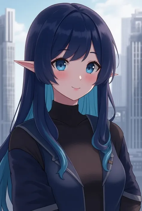 1girl, cute girl, adult woman, soft face, dark blue hair, darker hair, medium-long hair, blue eyes, small elf ears, pink lips, Destiny 2, guardian, warlock, smiling, city background, tech city, no fringe, straight hair