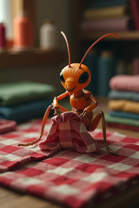 A little ant working with clothes a striped lumberjack