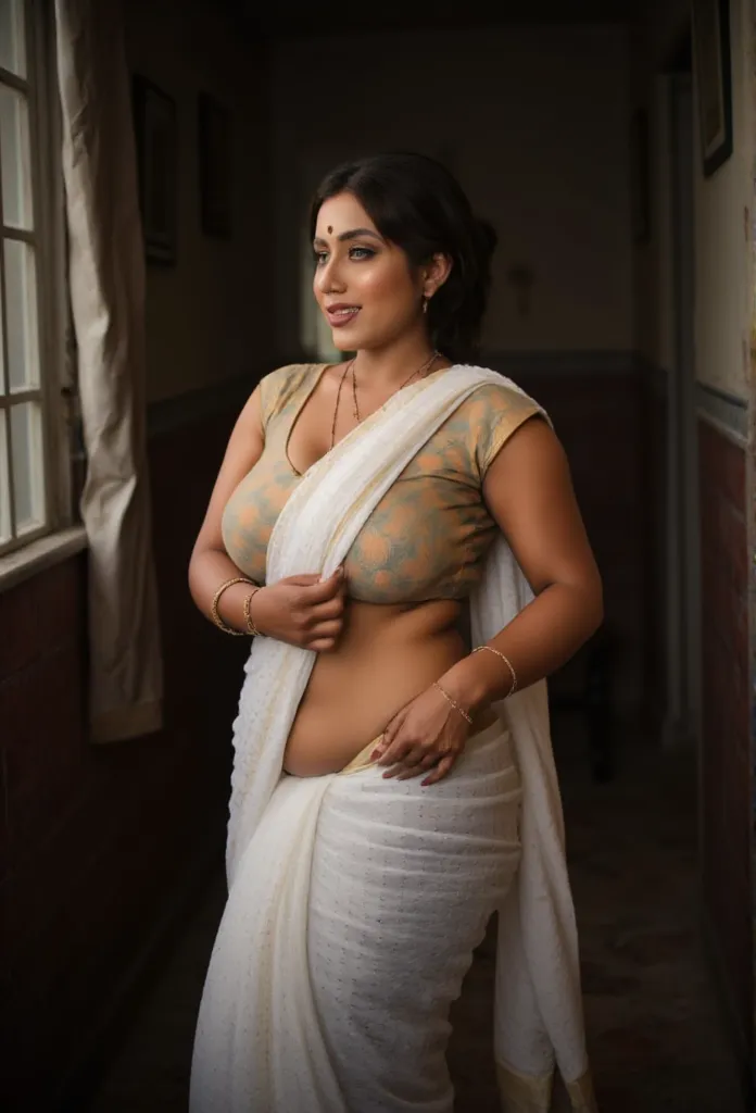 a woman stands in a humble, dimly lit room, her figure highlighted by a low-quality, faded saree made of basic cotton fabric. th...