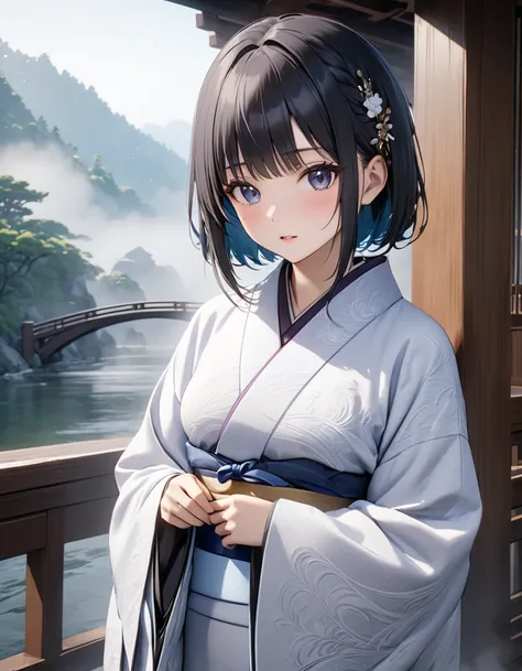 Sarubashi , Shima Rin,  An old bridge shrouded in fog, Long-sleeved kimono,  Adult, masterpiece:1.5, masterpiece, highest quality, UHD, retina, masterpiece, ccurate, anatomically correct, textured skin, super detail, high details, high quality, best qualit...