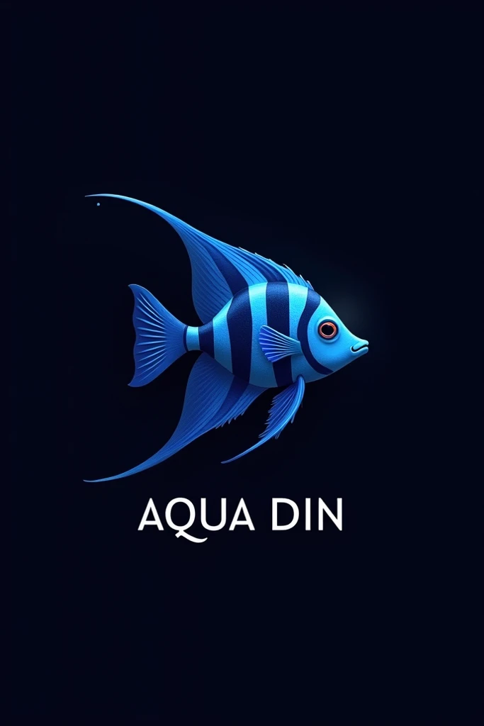 Logo with the name Aqua . diin with a BLUE zebra angelfish and dark background