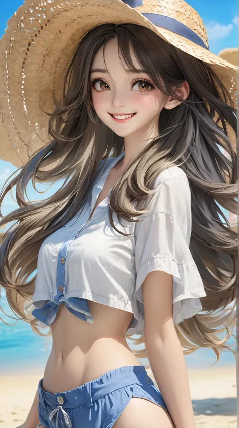  high resolution ,  Ultra HD,  high detail , on the beach,portrait,Women,long hair, ,straw hat,Smile,  short shirt,Waist,shorts, watching people ,Hand made 