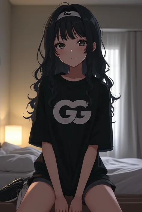 A  female anime character long curly wavy black hair with a Naruto headband with a Naruto black headband half a puff white skin small mouth without lipstick large black shirt short sleeve large GG shirt a large black shorts black sneakers looking forward i...