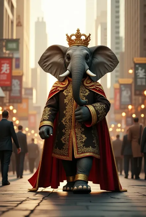 Here’s a detailed prompt for your request:

"An elegant elephant standing upright in a human-like posture, dressed in a majestic royal outfit with intricate golden embroidery, a regal crown, and a flowing cape. The elephant is strolling through a bustling ...