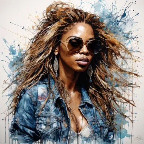 ((amazing quality, award winning, intricately detailed, extremely detailed 8K, masterpiece, painting)),
((style of Carne Griffiths)),
sketch ink artwork of Beyonce with a denim jacket and sunglasses, 
river background,