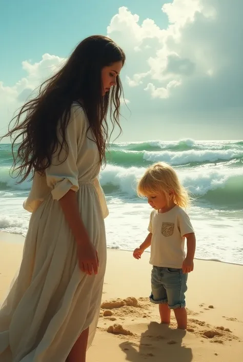  Long-haired woman with black hair ,  watches a child play in the sea sand, Long-haired blonde child , Looking out at the rough sea , with sun, with modern clothes,  realistic image 