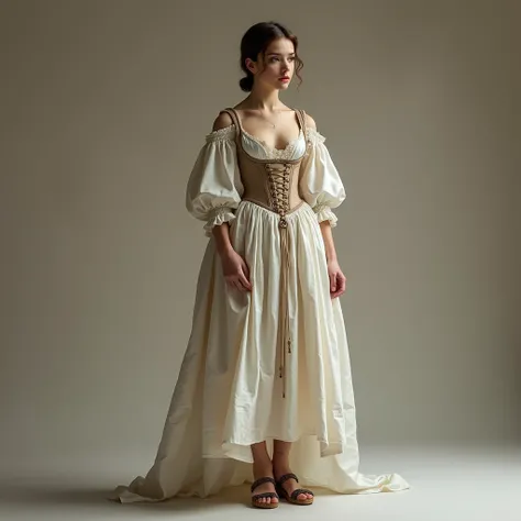 Full body shot of a beautiful girl in her 20s, petite, brown hair, freckles, pale skin. Wearing wedge cork-soled sandals, a wide skirt, a wide 17th century shirt, a corset and a wide-sleeved justacorps. Detailed feet, photorealistic