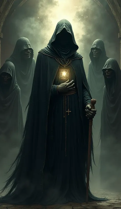 "A mysterious hooded figure known as the Animero, seen in a three-quarter view. This character, inspired by folklore, is a savior of corrupted souls. Behind him, malevolent and furious spirits swirl, their forms twisted and shadowy. The Animero wears a lon...