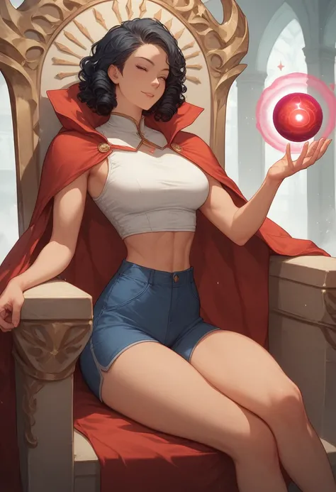 1 girl, human, sexy body , mother media,  medium boobs,  thin waist , black hair, curly hair, medium hair, sitting on a throne, thin, Athletic body ,  anime style , anime art, BLUE shorts, white tank top, using magic,  magic power , grimoire,Magic dark sph...